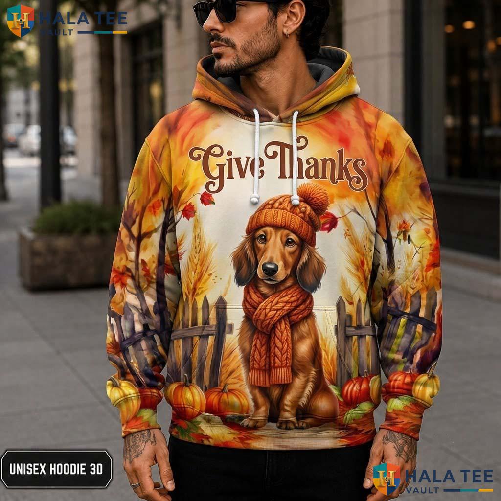 Dachshund Pumpkins Leaves Thanksgiving 3D Printed Hoodie Give Thanks Orange