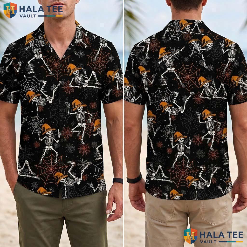 Dancing Witch Halloween Hawaiian Shirt Spooky Spiderweb Aloha Top Adult