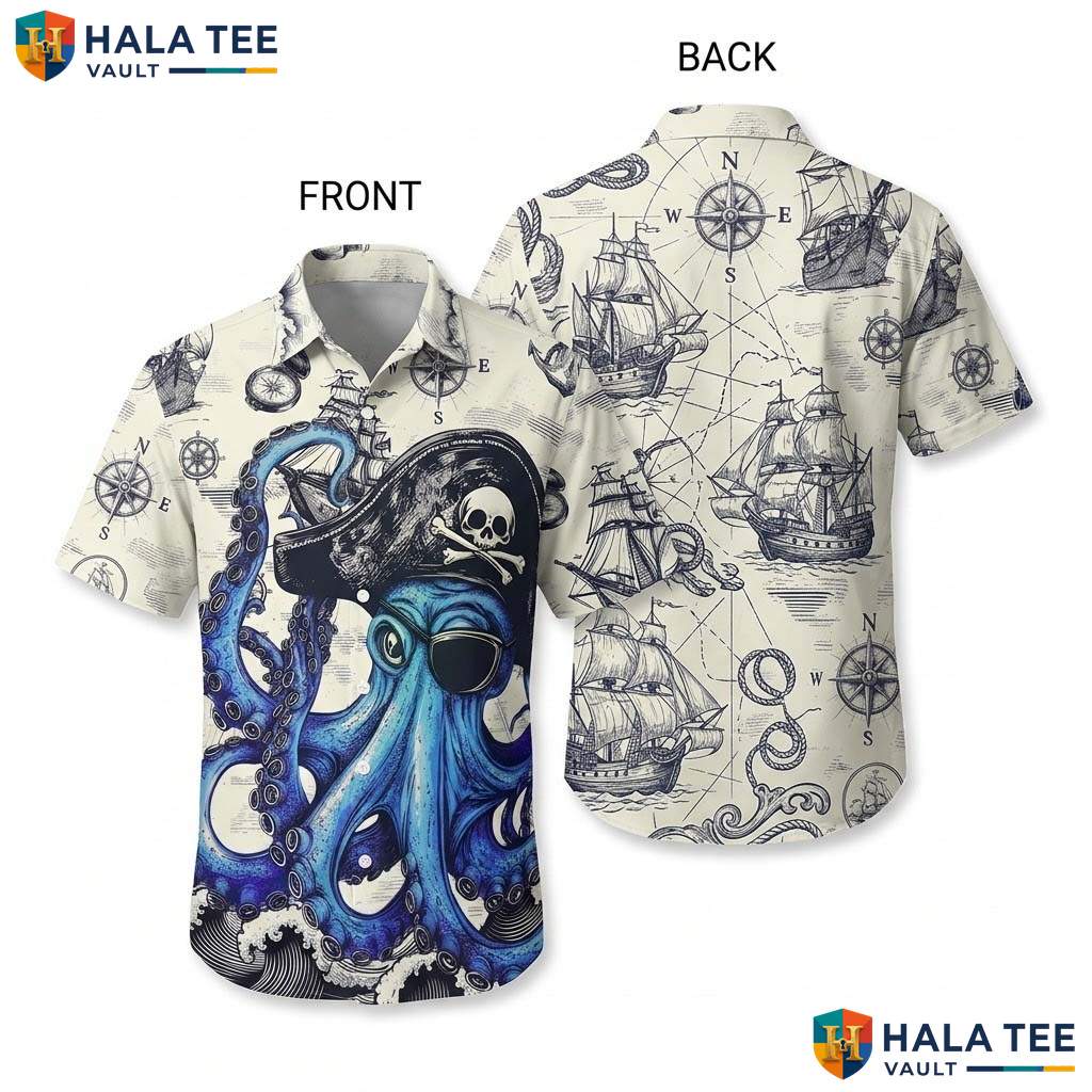 Dark Blue Pirate Aloha Shirt Mens Funny Nautical Beach Vacation Apparel