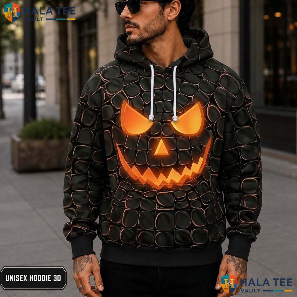Dark Blue Pumpkin Face 3D Printed Hoodie Spooky Horror Graphic Halloween Wear