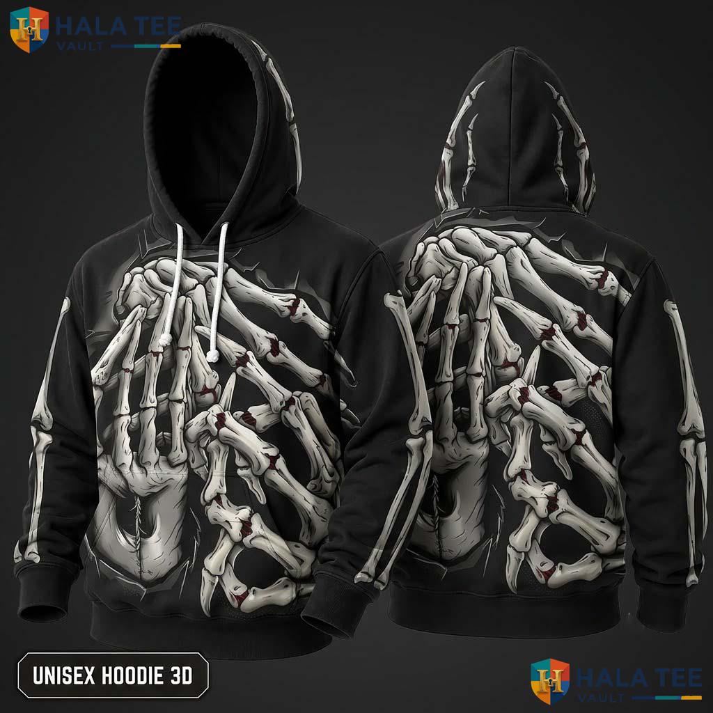 Dark Skeletal Hand 3D Hoodie Unisex Eerie Graphic Halloween Sweatshirt