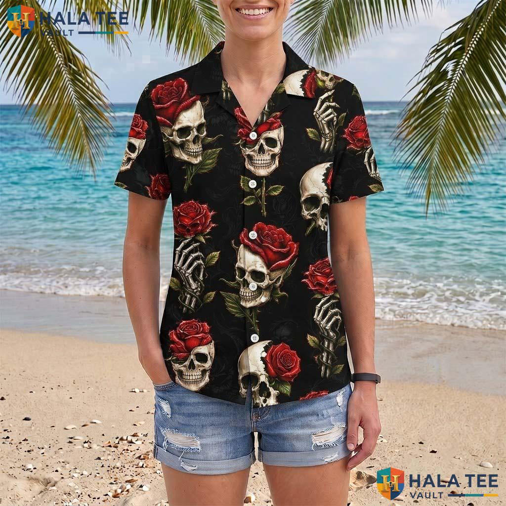 Dark Vintage Halloween Hawaiian Shirt Skull Roses Gothic Aloha Top Adult