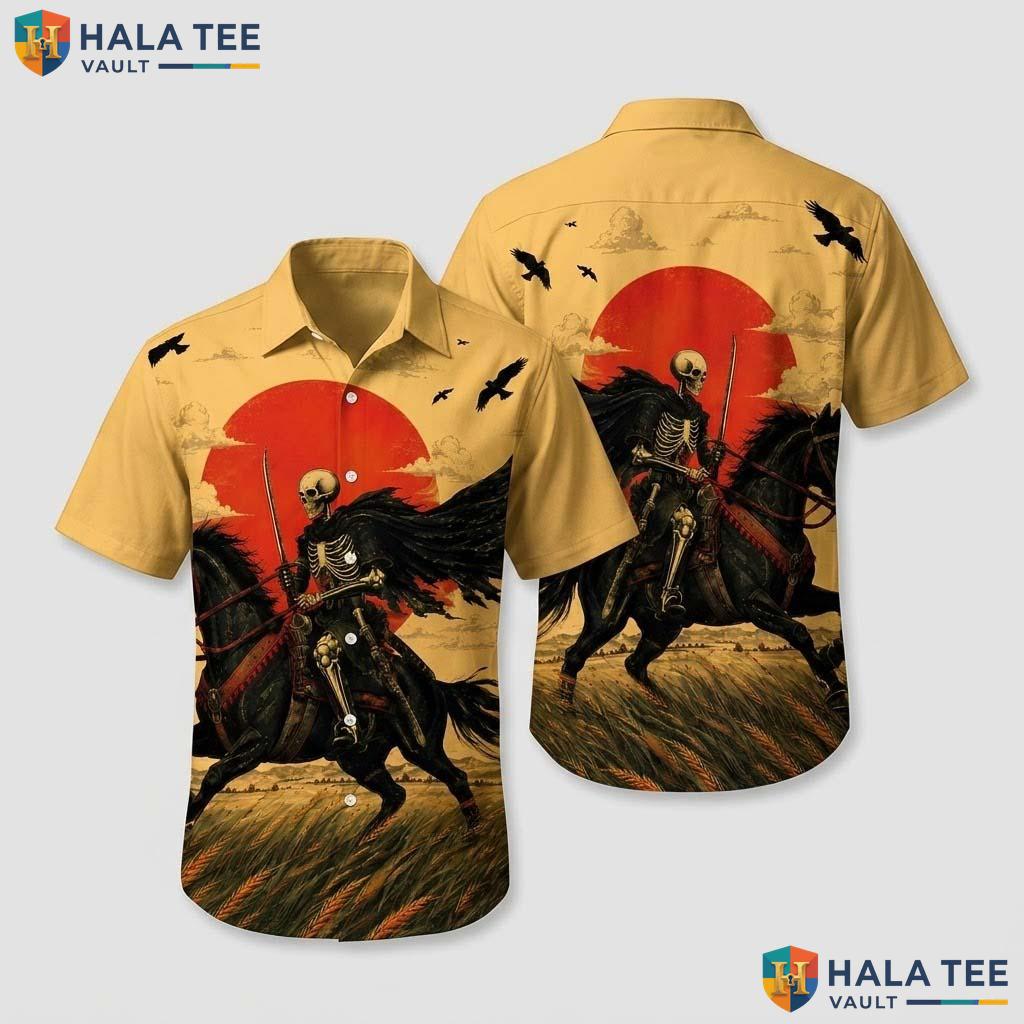 Dark Western Halloween Hawaiian Shirt Skeleton Rider Sunset Aloha Top