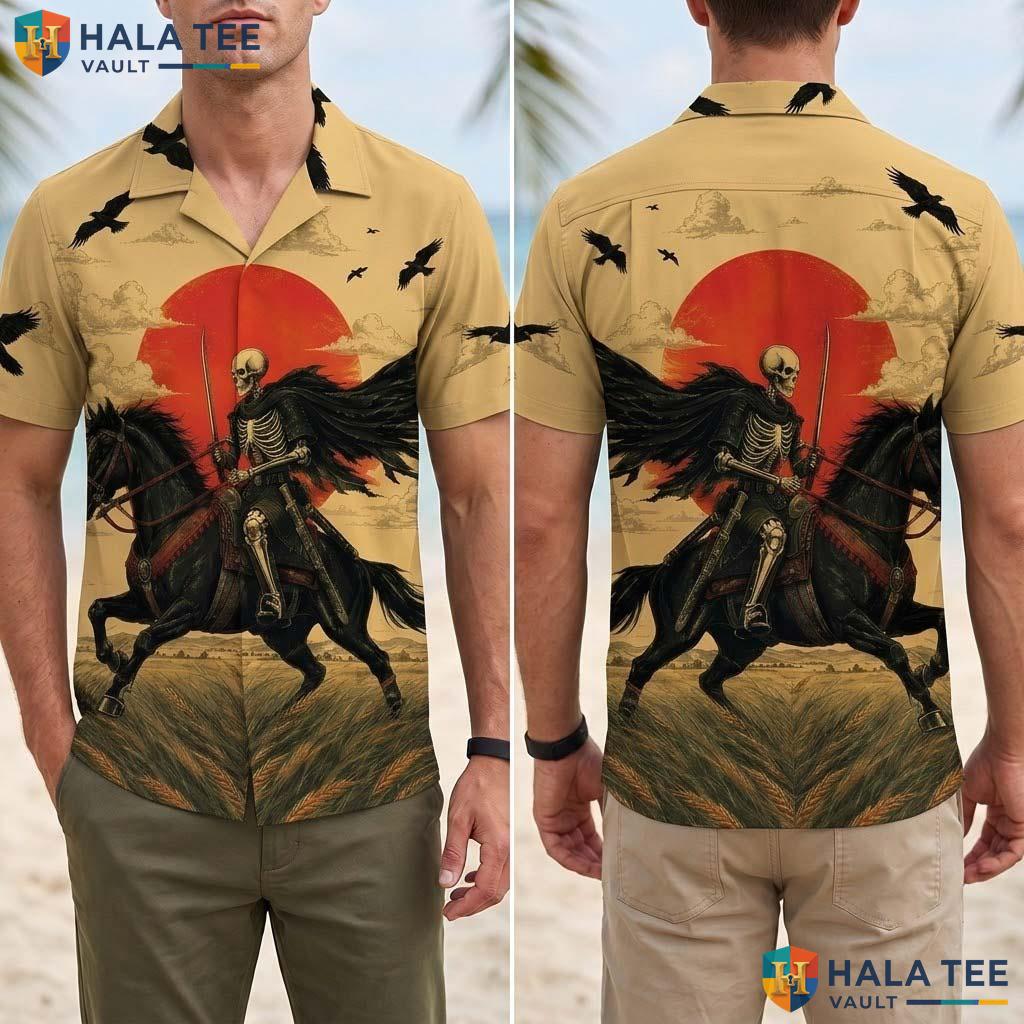 Dark Western Halloween Hawaiian Shirt Skeleton Rider Sunset Aloha Top Adult