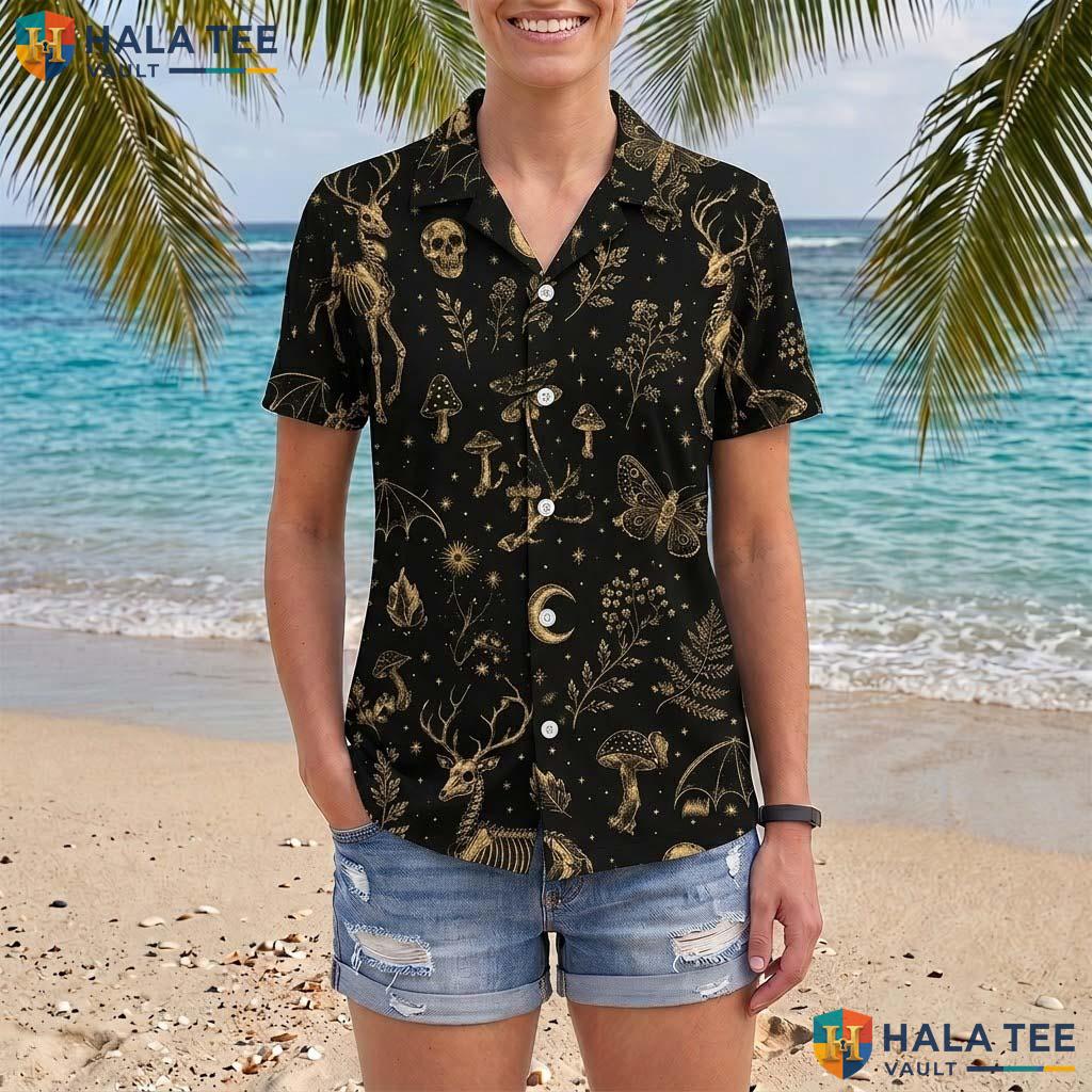 Deer Skull Halloween Hawaiian Shirt Gothic Mushroom Nature Aloha Top Adult