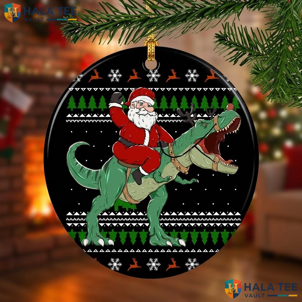 Dino Riding Santa Christmas Ornament Funny T Rex Holiday Decor Gift