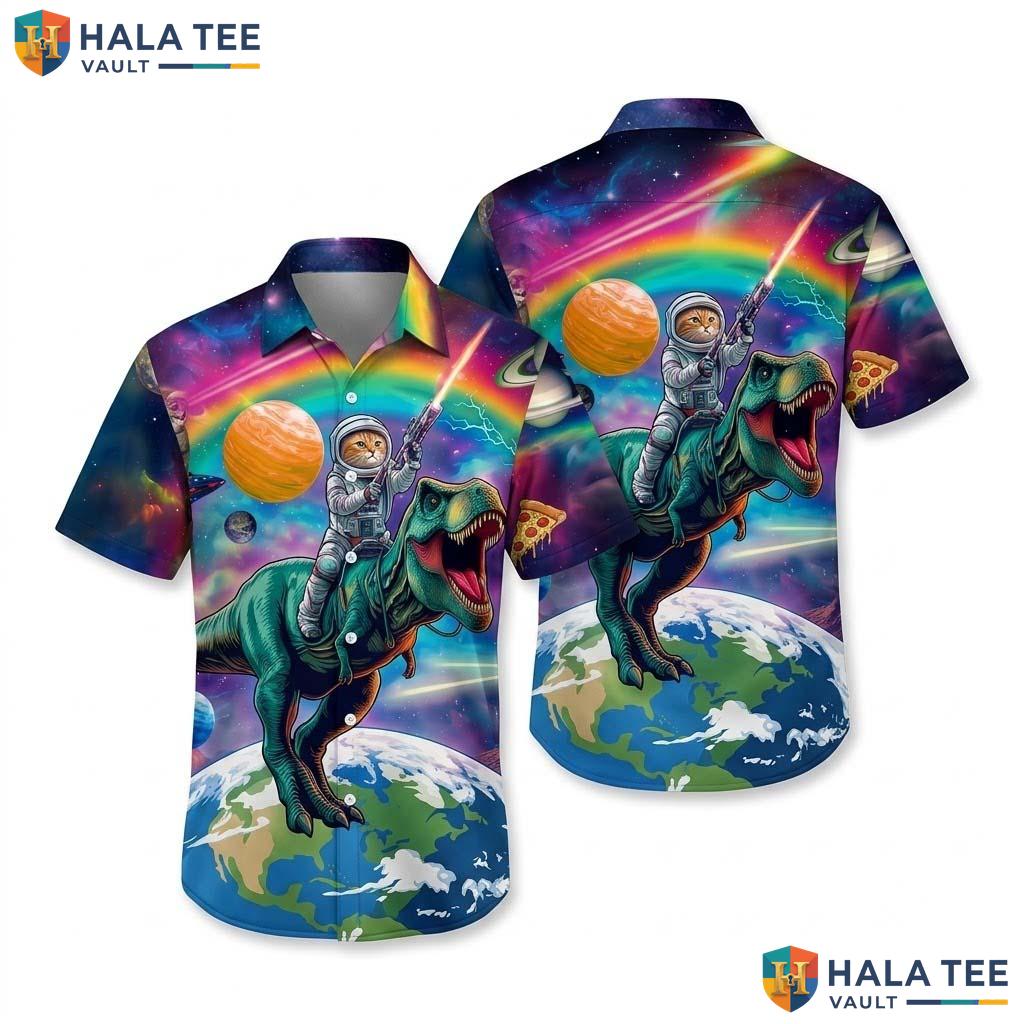 Dinosaur Astronaut Hawaiian Shirt T Rex Space Cat Novelty Button Down Top