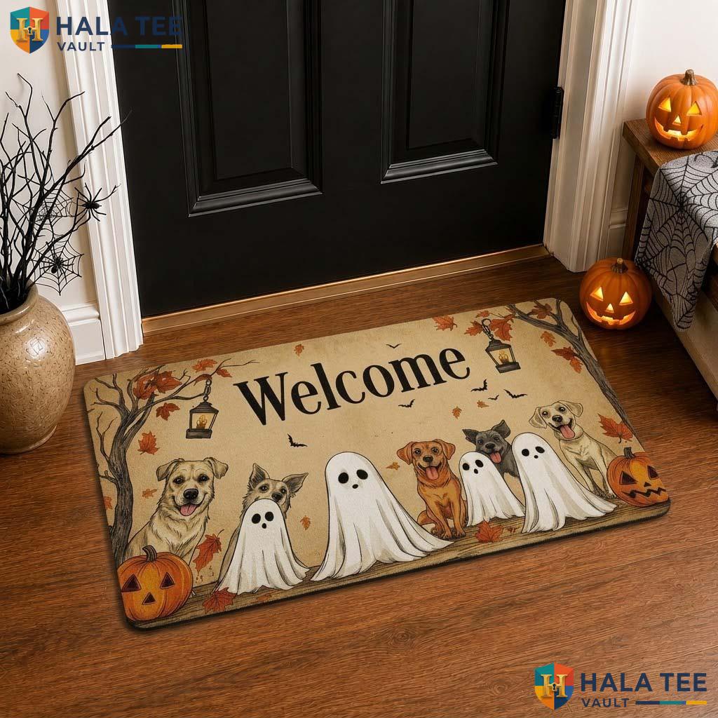 Dog Ghost Porch Fall Front door mat Whimsical Decorative Entrance Welcome Rug