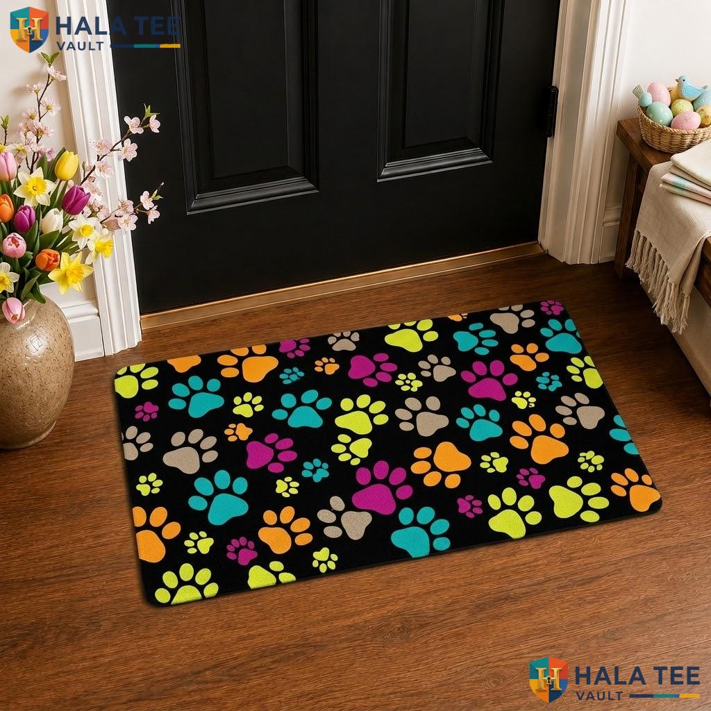 Dog Paw Print Halloween Front door mat Funny Skulls Spider Web Welcome Farmhouse