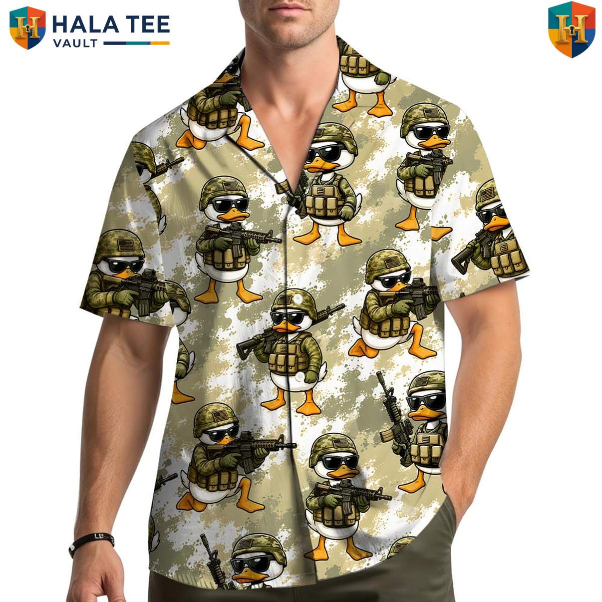 Duck Soldier Military Aloha Shirt Mens Funny Patriotic Veteran Camp Outfit
