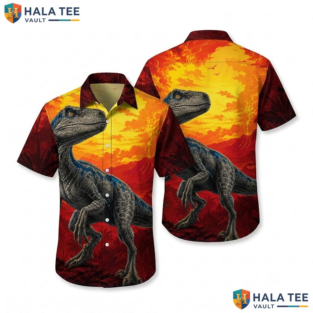 Dynamic Velociraptor Hawaiian Shirt Vibrant Red Yellow Casual Button Down