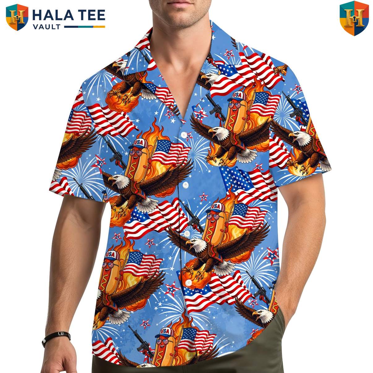 Eagle Hotdog BBQ Aloha Shirt Mens Funny Fourth Of July Cookout Party Outfit