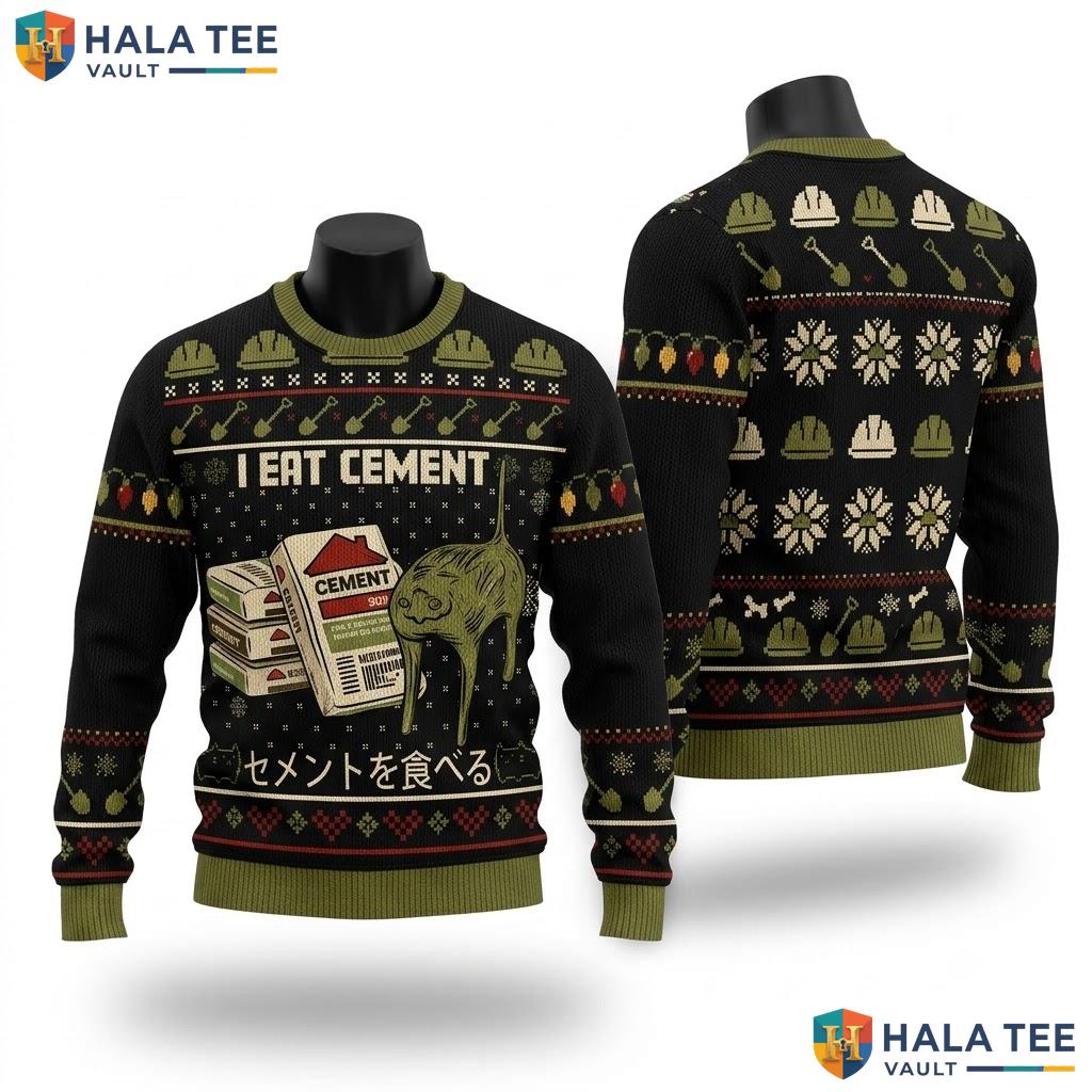 Eat Cement Cat Meme Ugly Xmas Sweater Funny Japanese Text Holiday