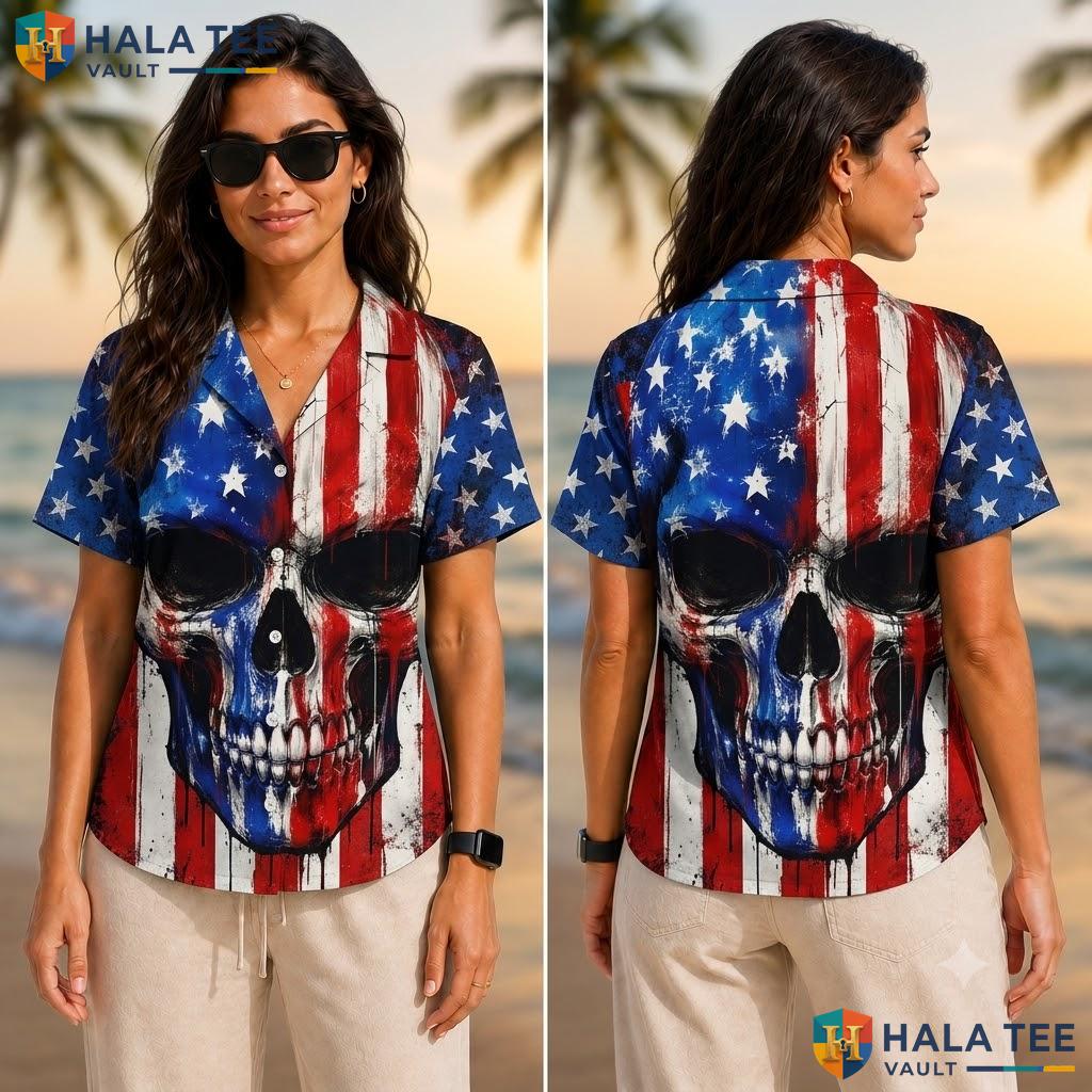 Edgy Skull Patriotic Hawaiian Shirt Vibrant 3d Graphic Beach Party Wear Adult