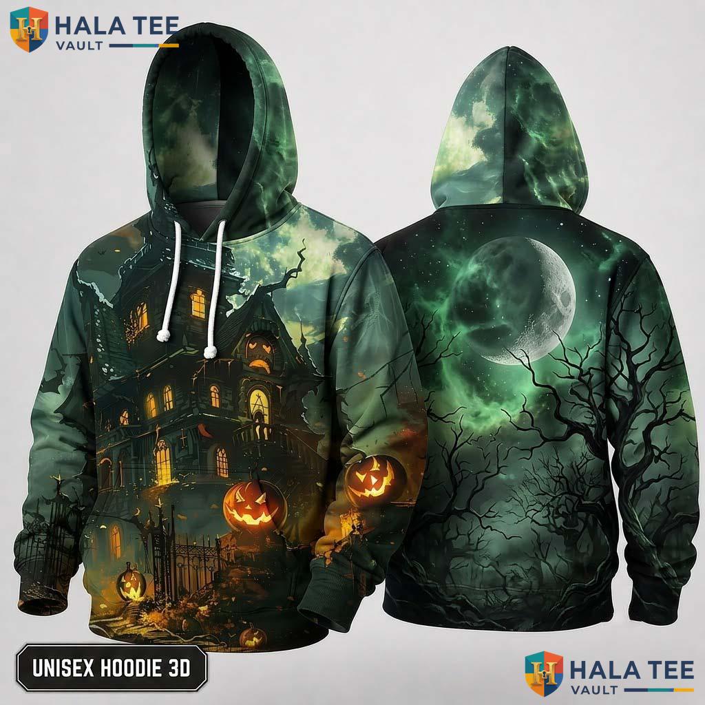 Eerie Green Castle Pumpkin 3D Hoodie Spooky Moon Graphic Halloween Top