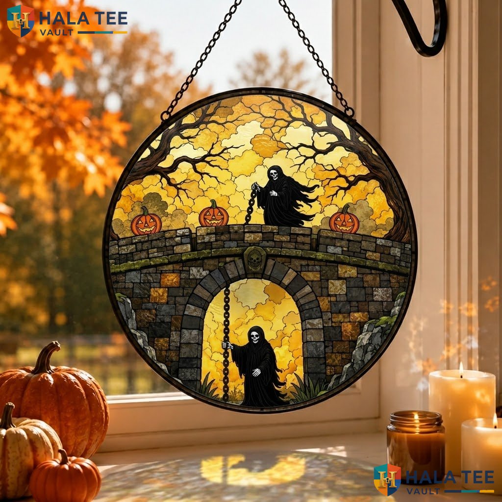 Eerie Reaper Halloween Stained Glass Suncatcher Gothic Pumpkin Bridge Window Adult