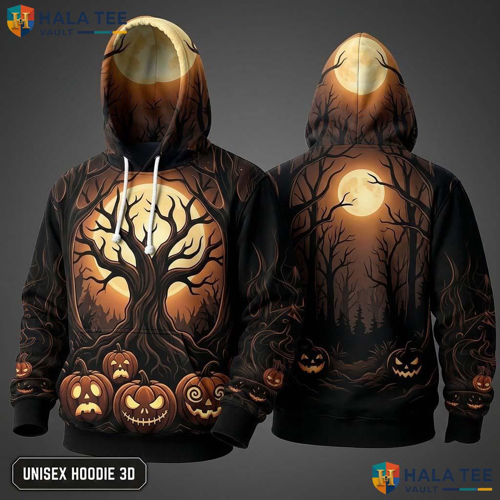 Eerie Tree Spooky Pumpkin 3D Hoodie Graphic Halloween Festivities Top