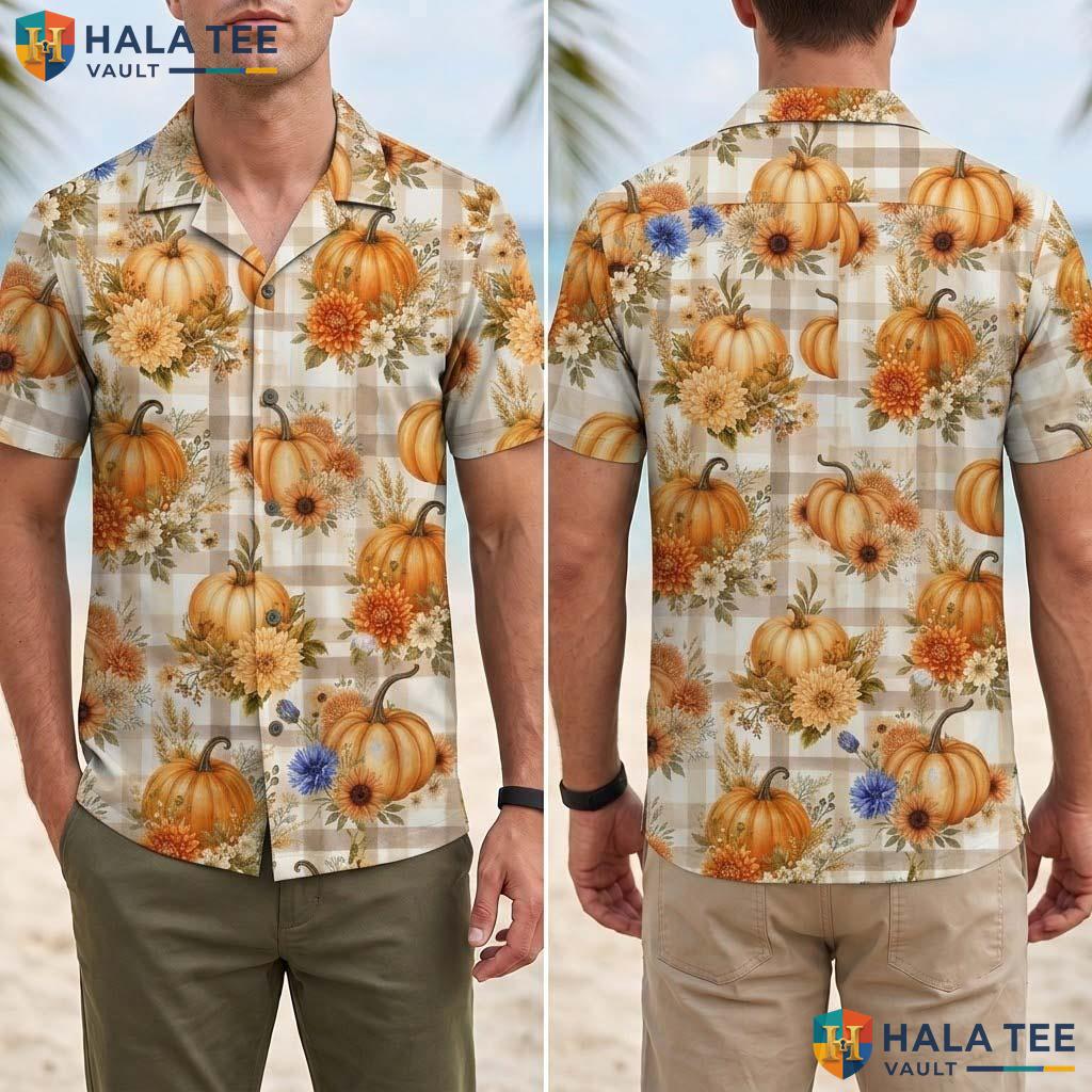 Fall Pumpkin Halloween Hawaiian Shirt Autumn Plaid Sunflower Aloha Top Adult