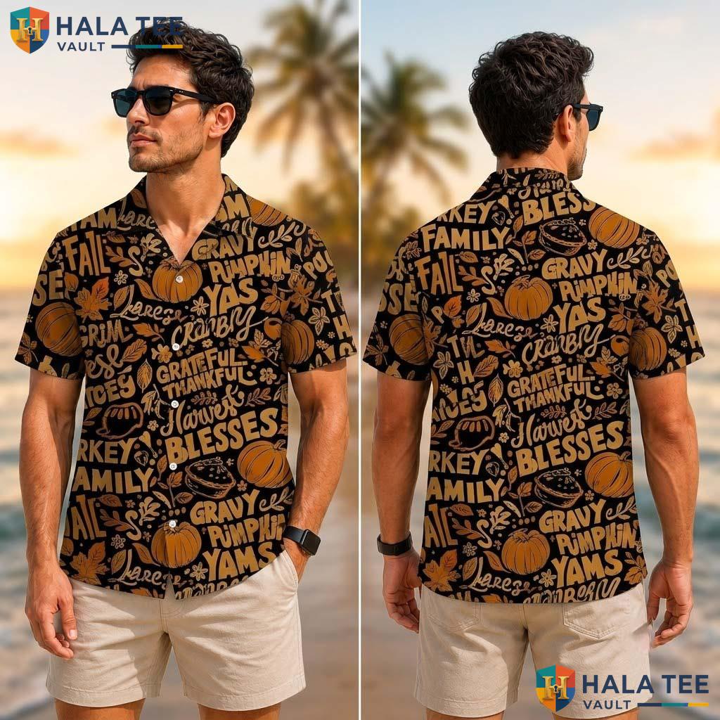 Fall Pumpkin Print Thanksgiving Tropical Shirt Mens Button Up Apparel