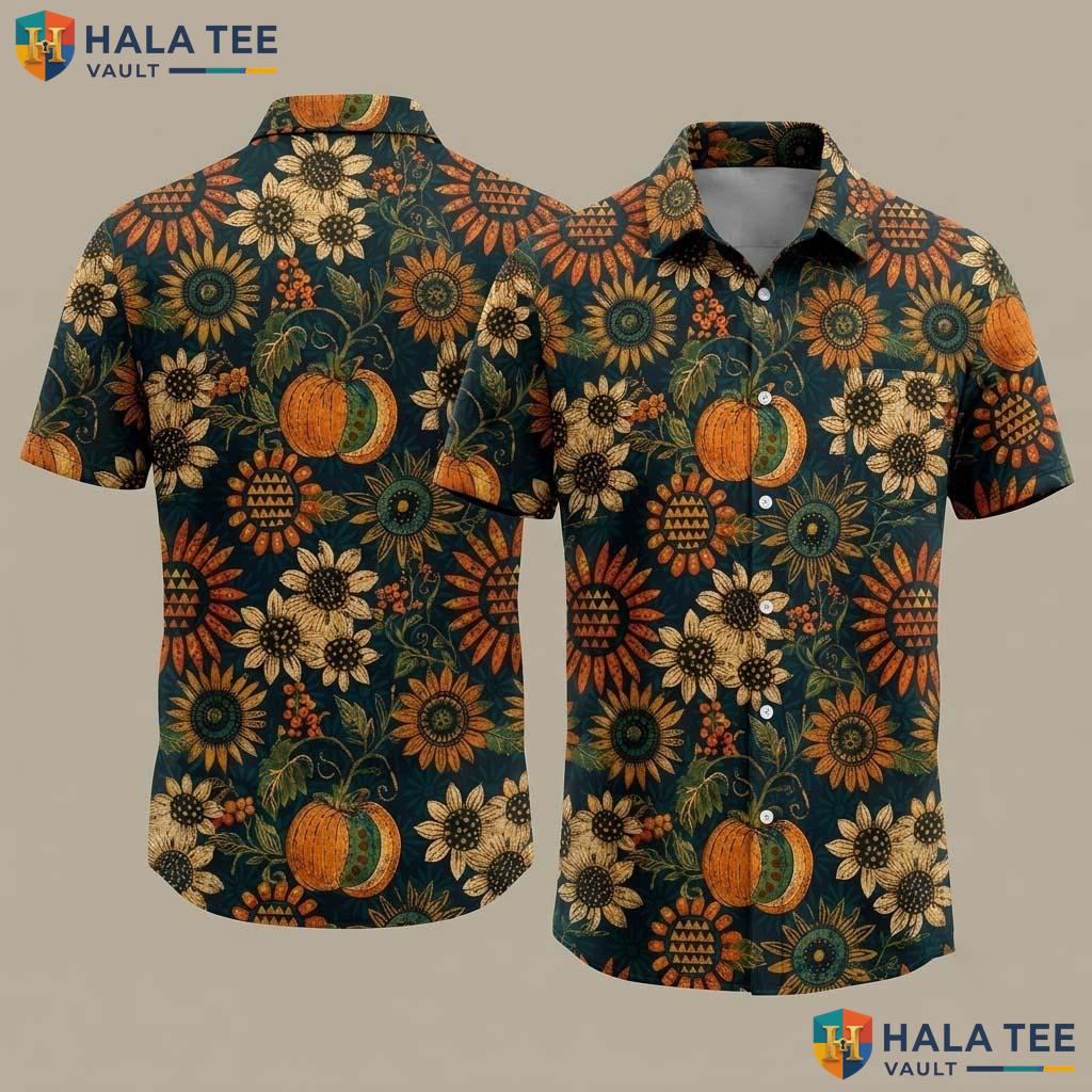 Fall Sunflower Turkey Thanksgiving Hawaiian Shirt Mens Button Up Top