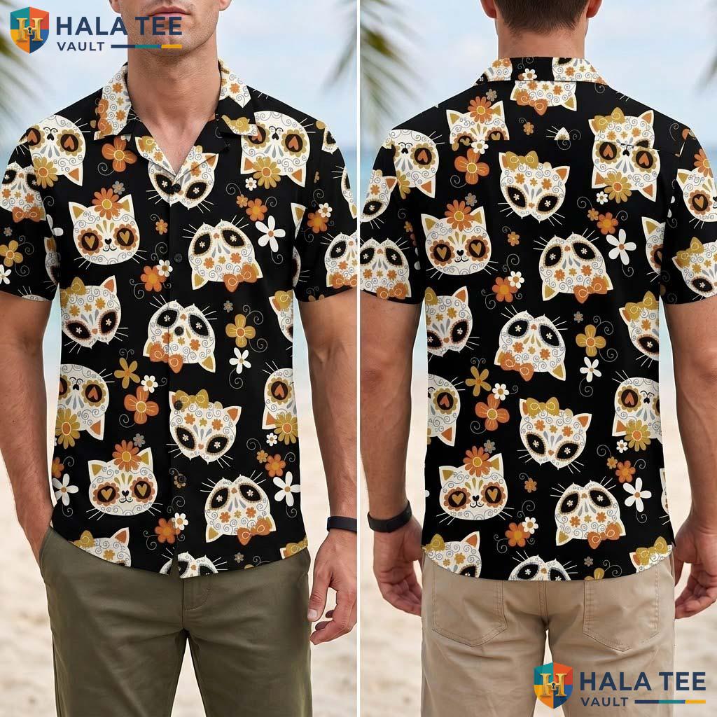Feline Sugar Skull Halloween Hawaiian Shirt Day Of Dead Aloha Top Adult