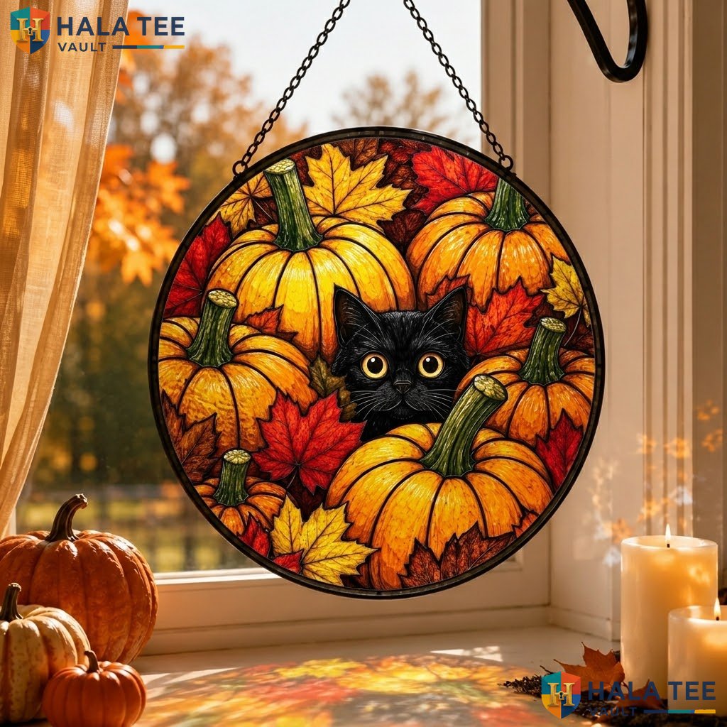 Festive Black Cat Halloween Stained Glass Suncatcher Autumn Pumpkin Decor Gift Adult