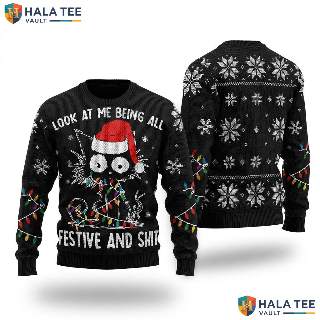 Festive Cat Meme Ugly Christmas Sweater Funny Mens Womens Holiday Top