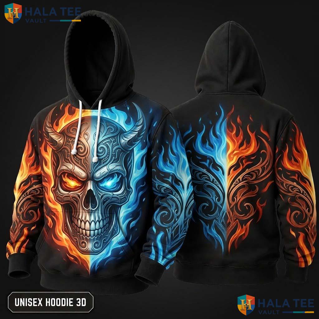Fiery Skull Gothic 3D Hoodie Bold Graphic Design Edgy Casual Apparel