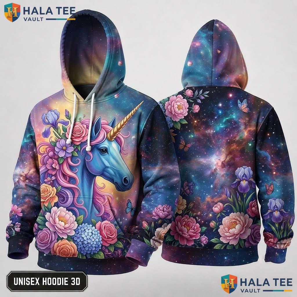 Floral Blue Galaxy Unicorn 3D Hoodie Whimsical Vibrant Graphic Apparel