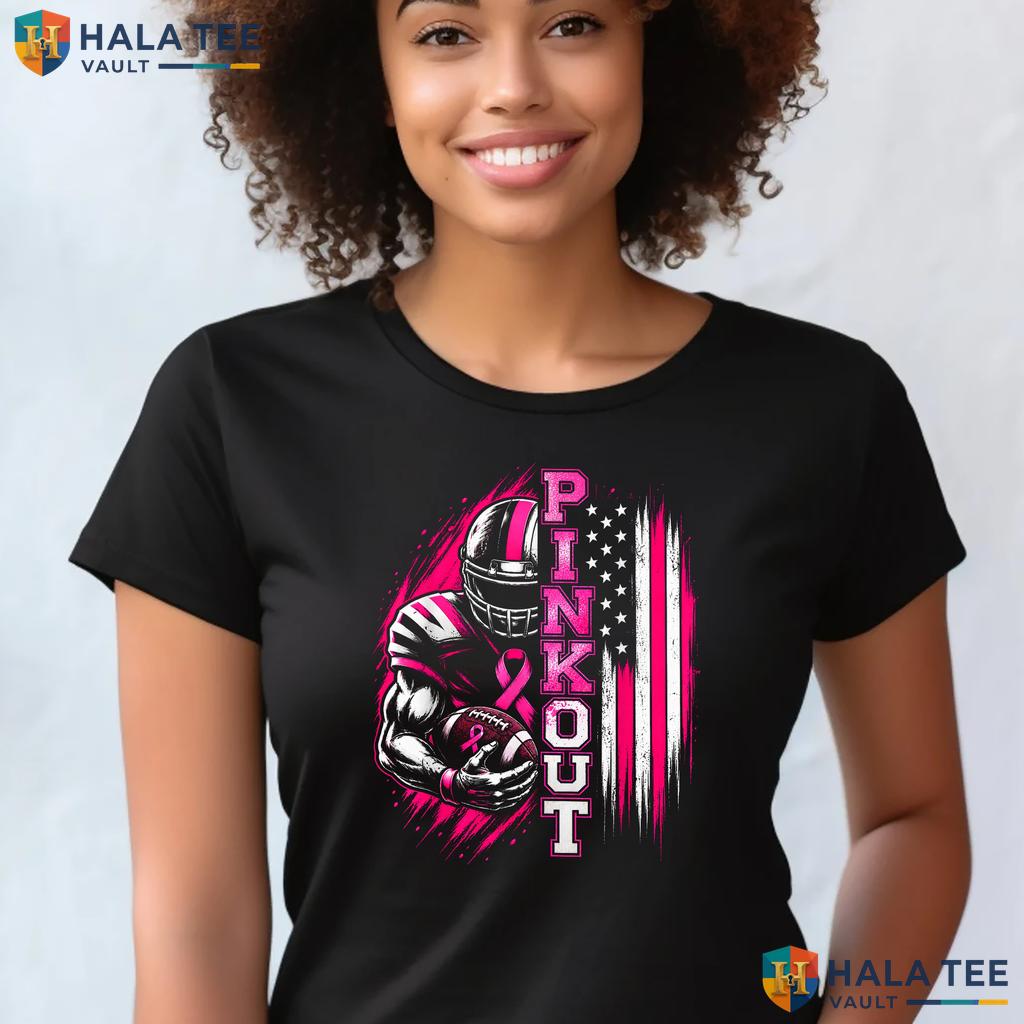 Football Pink Out Ribbon Tee Breast Cancer US Flag Mens Womens Top