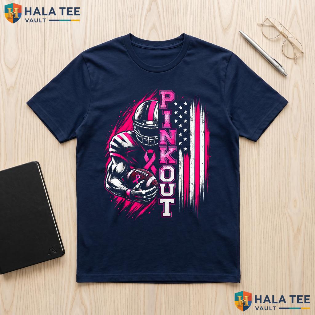Football Pink Out Ribbon Tee Breast Cancer US Flag Mens Womens Top Adult