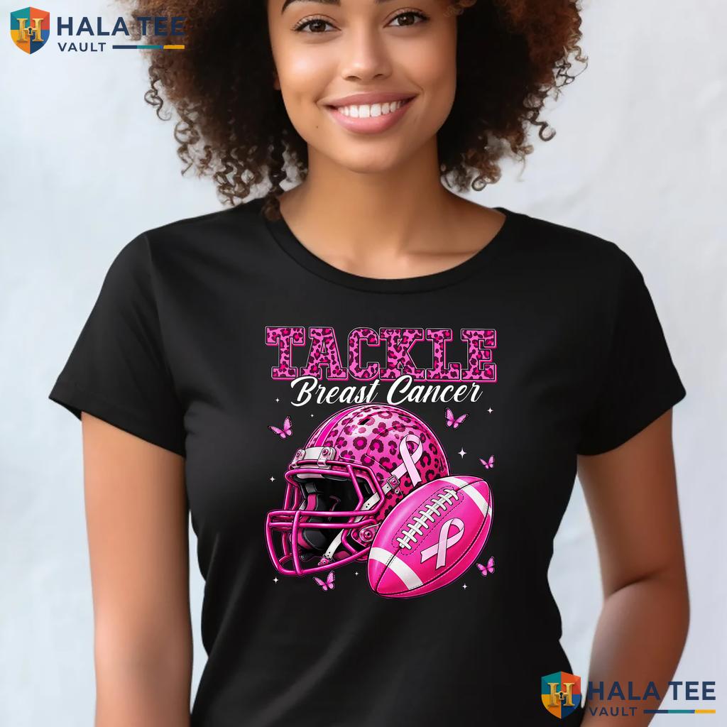 Football Tackle Breast Cancer T-Shirt Awareness Women Pink Ribbon