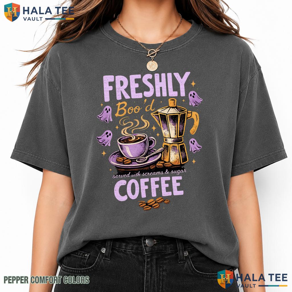 Freshly Bood Coffee Comfort Colors T Shirt Cute Ghost Skeleton Halloween Top Relaxed Fit Tee