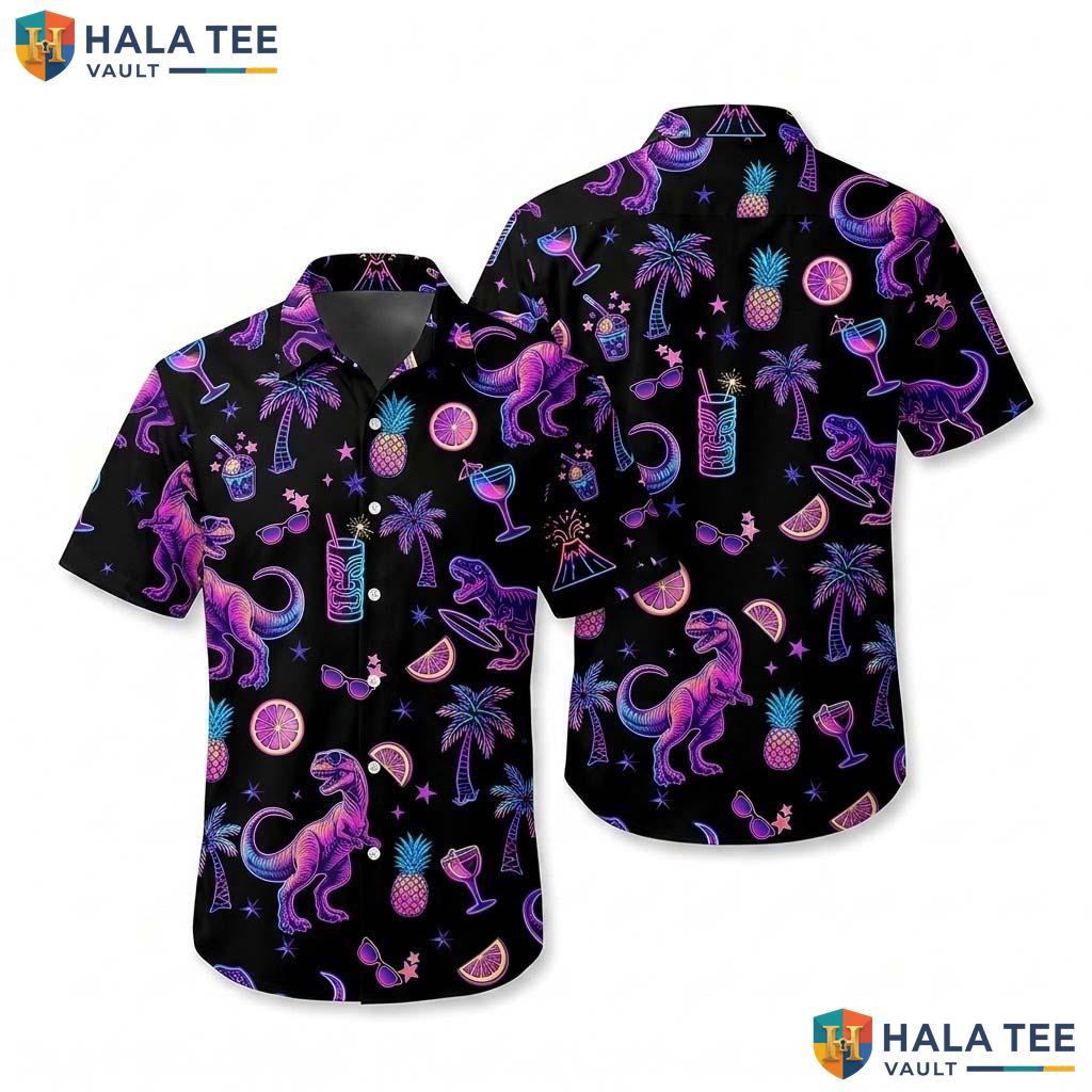 Funky Dinosaur Tropical Hawaiian Shirt Vibrant Neon Palm Tree Cocktail Top