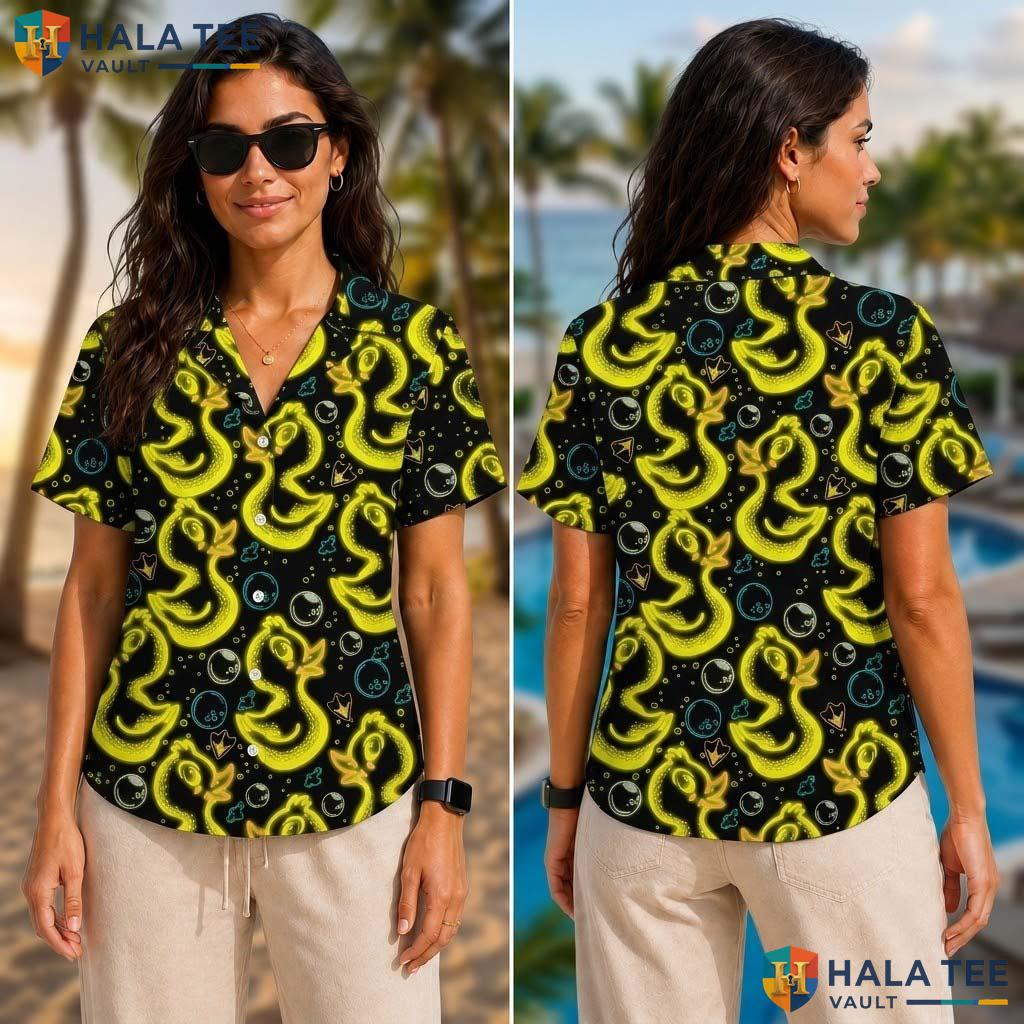 Funky Duck Pattern Tropical Shirt Neon Yellow Duck Black Background Apparel