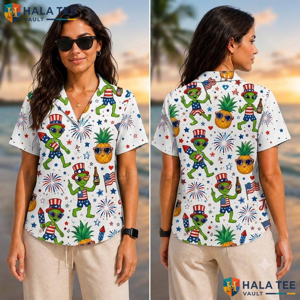 Funny Alien Dance Hawaiian Shirt Vibrant Pineapple Patriotic Festival Top Adult