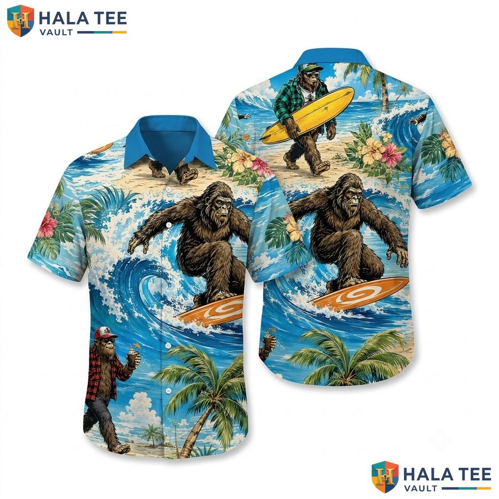 Funny Bigfoot Surfing Aloha Shirt Tropical Graphic Button Down Mens Top