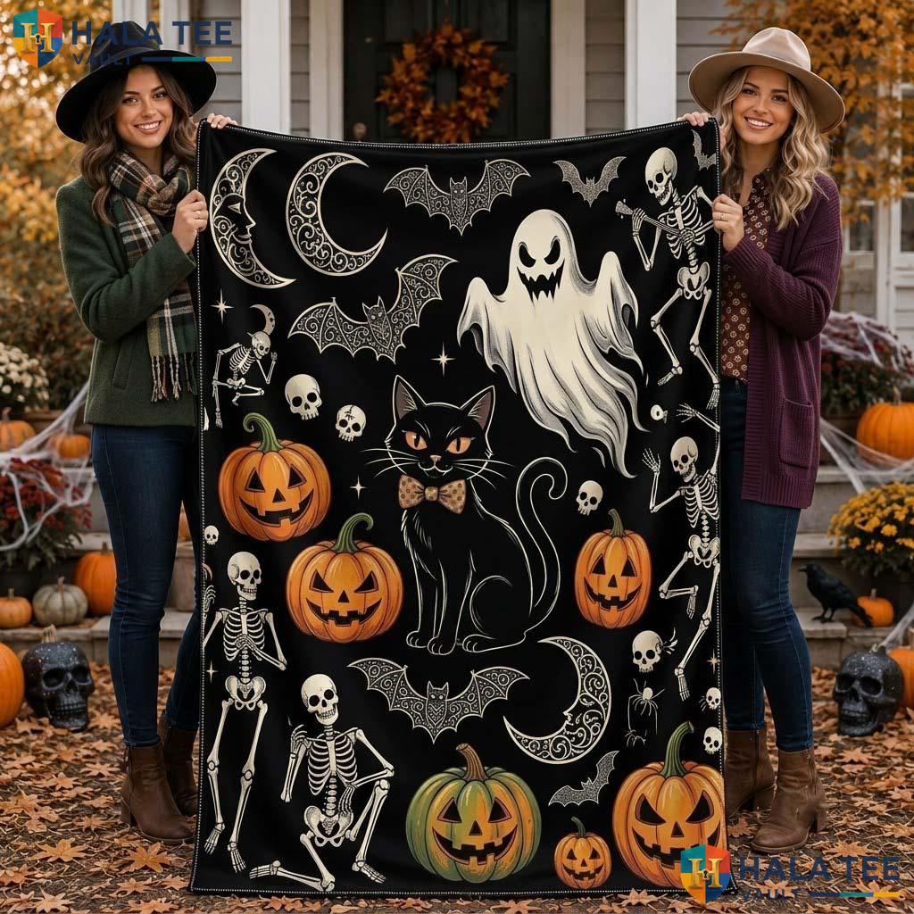 Funny Black Cat Halloween Blanket Spooky Witch Pumpkin Cozy Throw