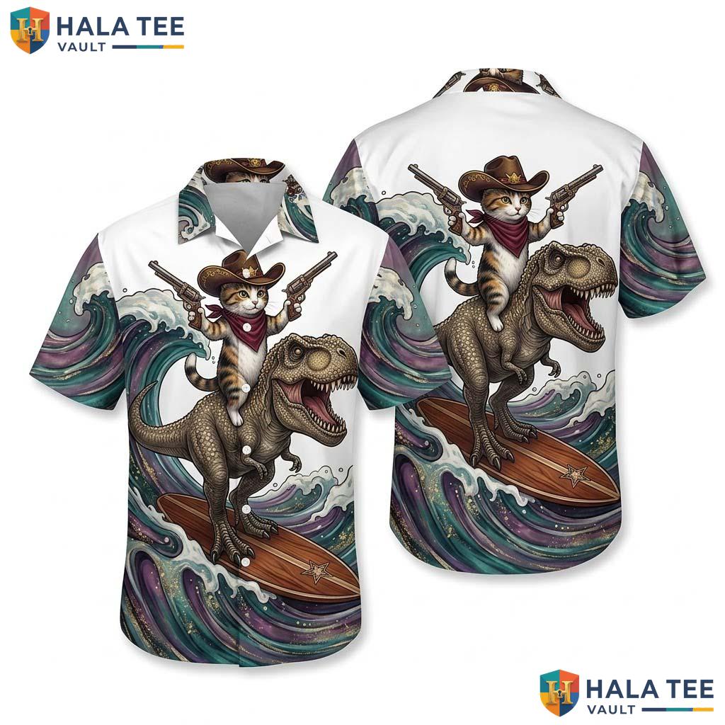 Funny Cat Dinosaur Hawaiian Shirt Cowboy Riding T Rex On A Wave Button Down