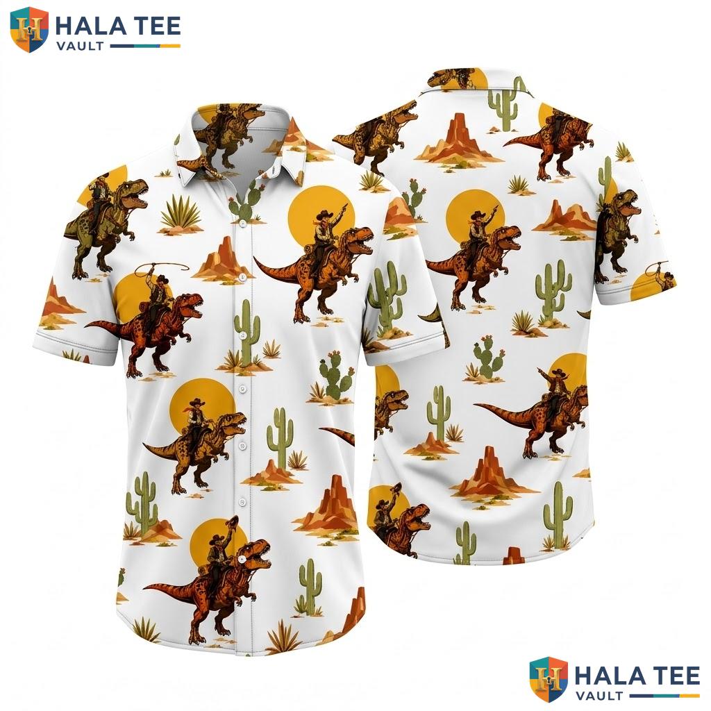Funny Cowboy Dinosaur Hawaiian Shirt Whimsical T Rex Cacti Summer Beach Top