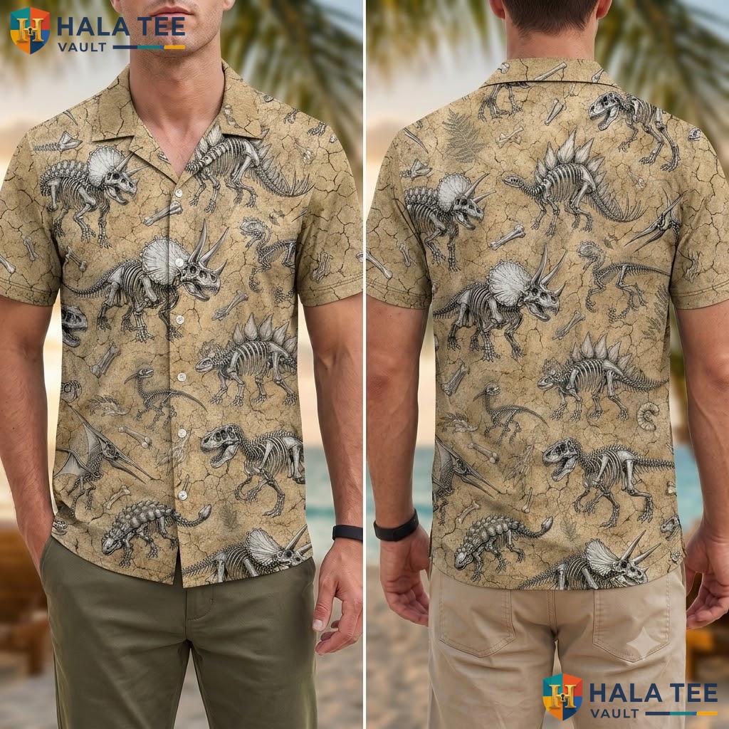 Funny Dinosaur Aloha Shirt Mens Detailed Illustration Summer Button Down Adult