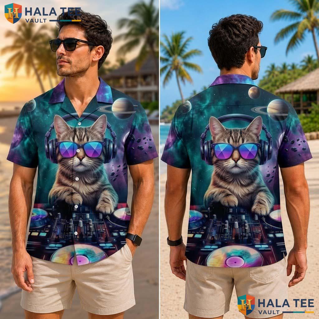 Funny Dj Cat Tropical Shirt Vibrant Cosmic Cat Graphic Short Sleeve Button Up