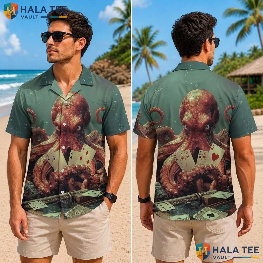Funny Octopus Graphic Tropical Shirt Playful Card Design Mens Summer Apparel