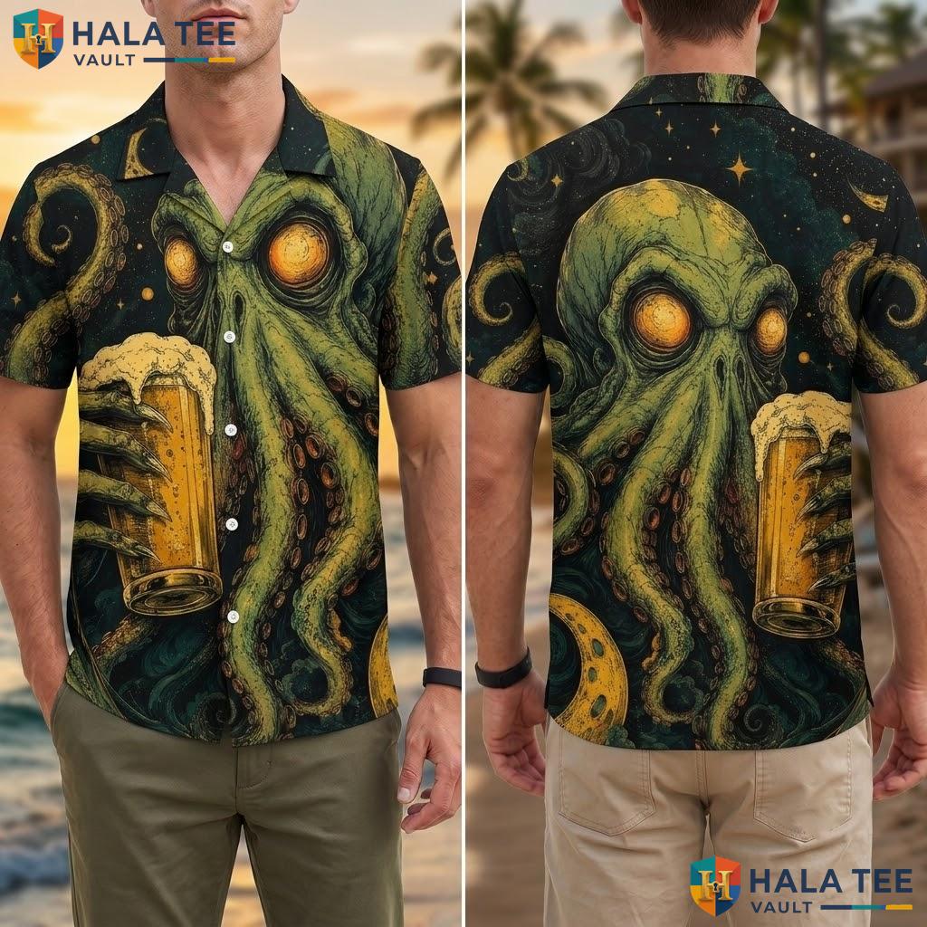 Funny Octopus Vacation Hawaiian Shirt Bold Graphic Print Casual Summer Top Adult