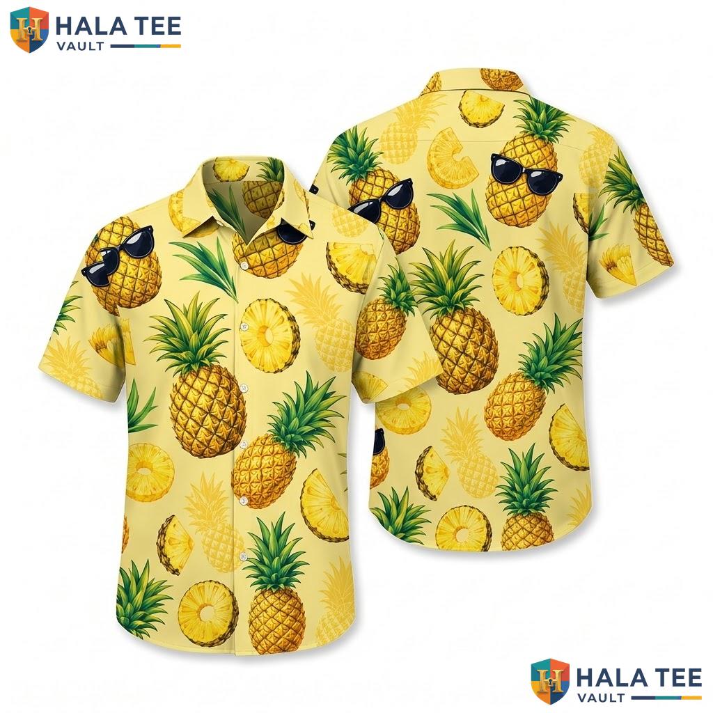 Funny Pineapple Aloha Shirt Vibrant Yellow Mens Casual Summer Button Down