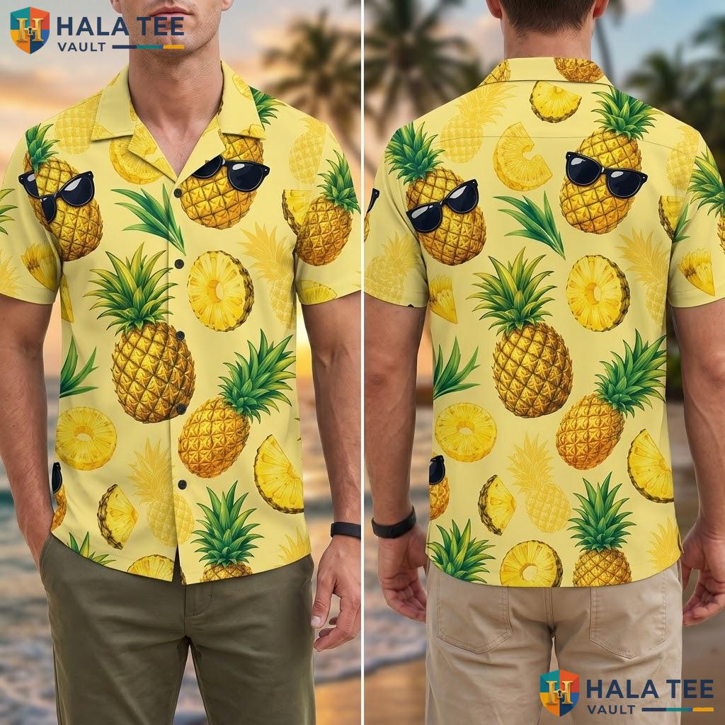 Funny Pineapple Aloha Shirt Vibrant Yellow Mens Casual Summer Button Down Adult