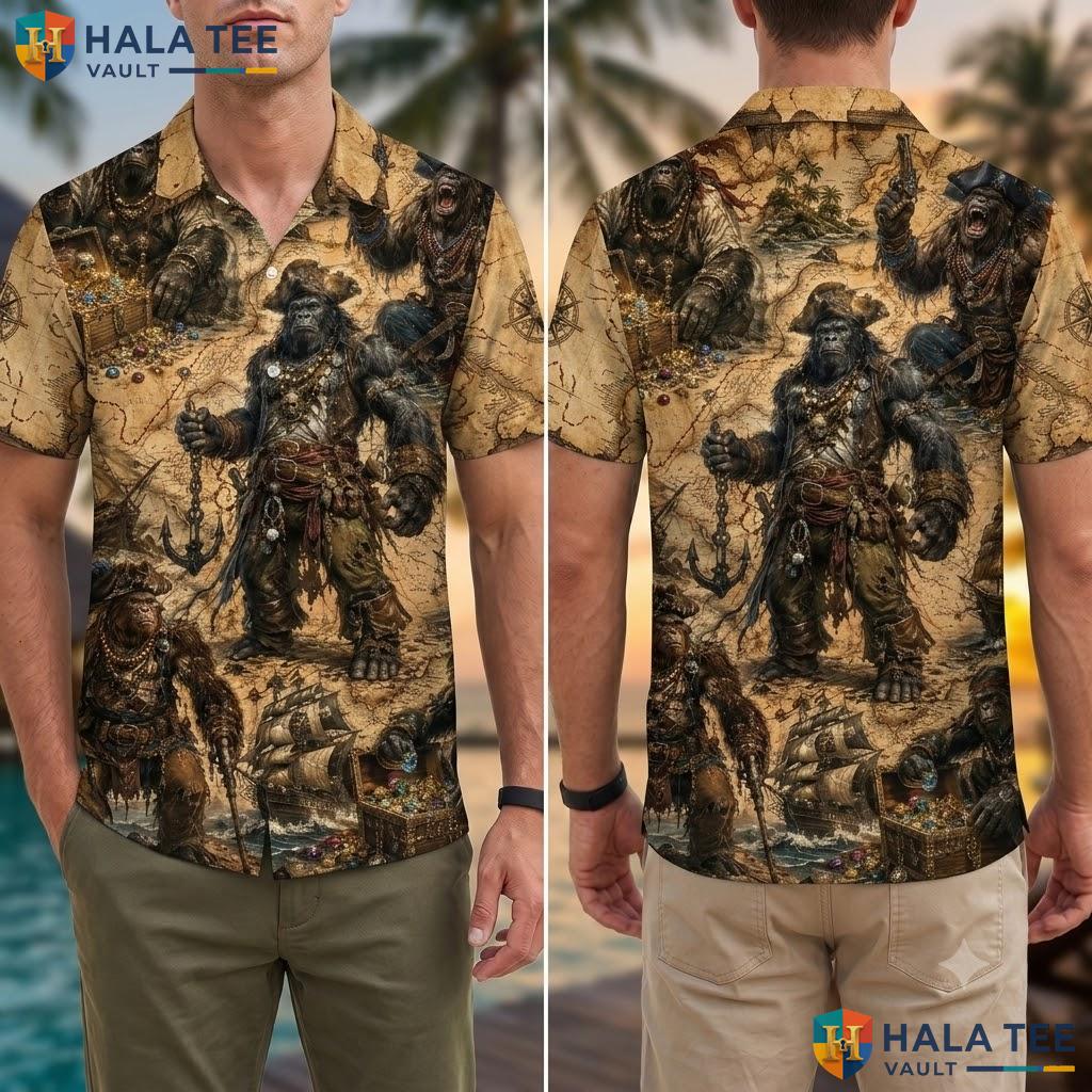 Funny Pirate Bigfoot Hawaiian Shirt Quirky Treasure Map Ship Button Down Adult