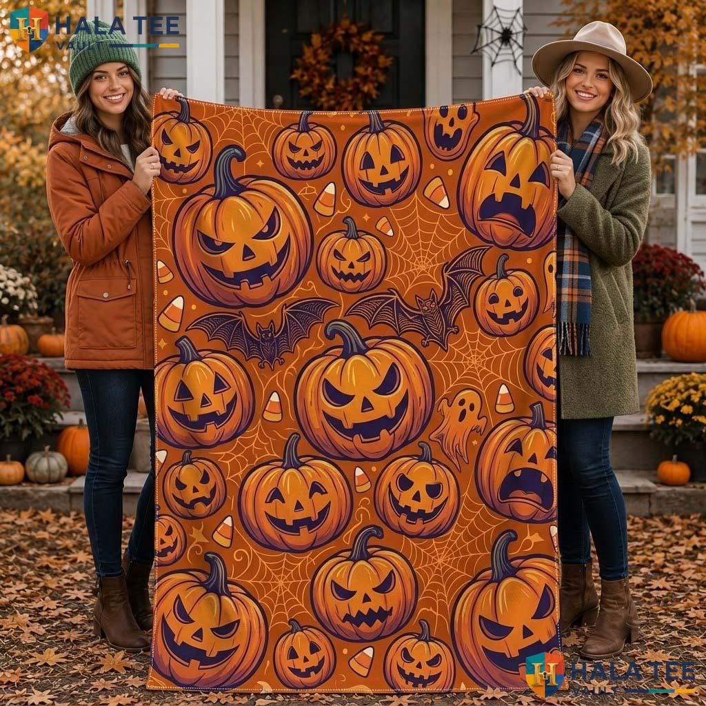 Funny Pumpkin Face Halloween Blanket Whimsical Sofa Bed Throw 50x
