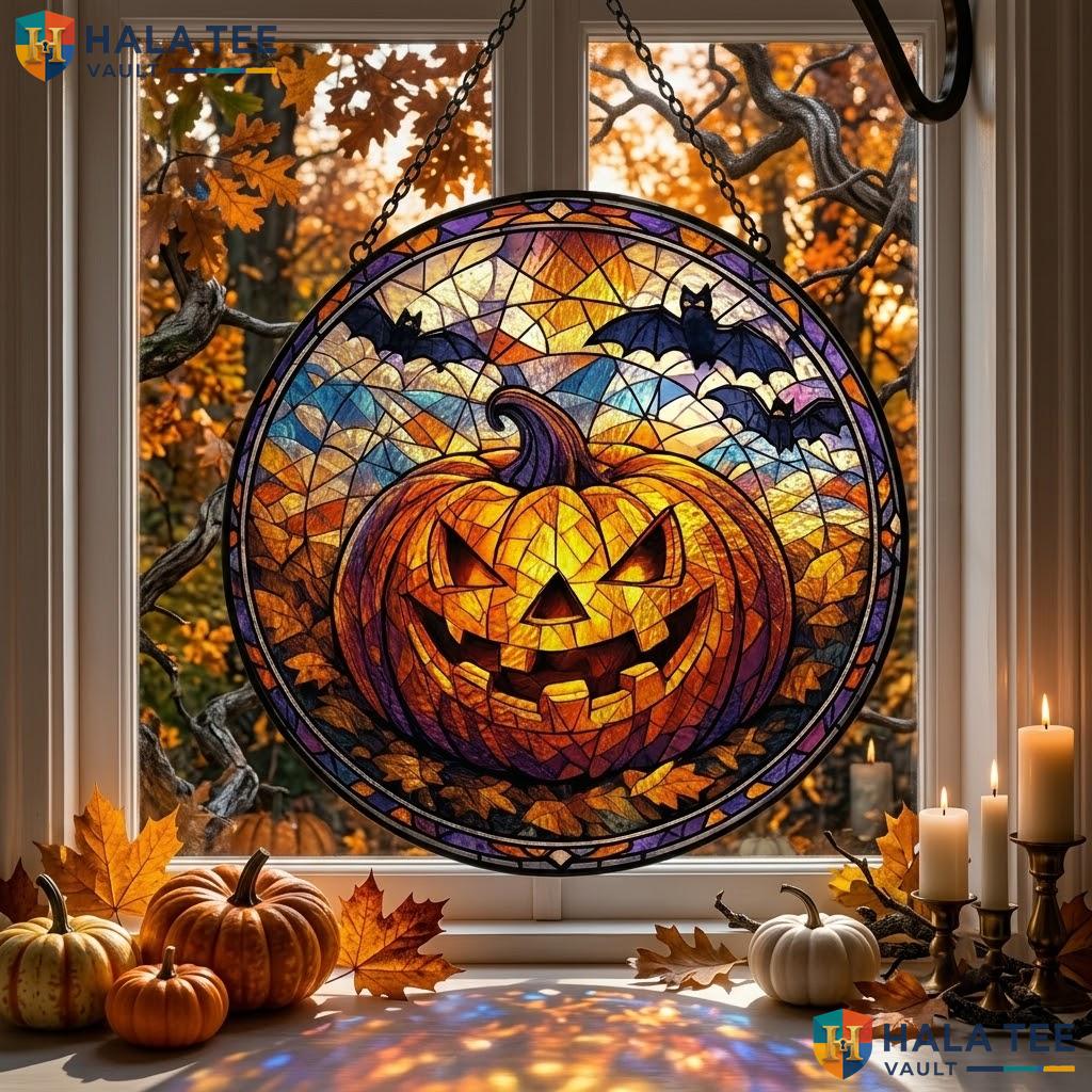 Funny Pumpkin Stained Glass Suncatcher, Whimsical Halloween Window Decor Adult