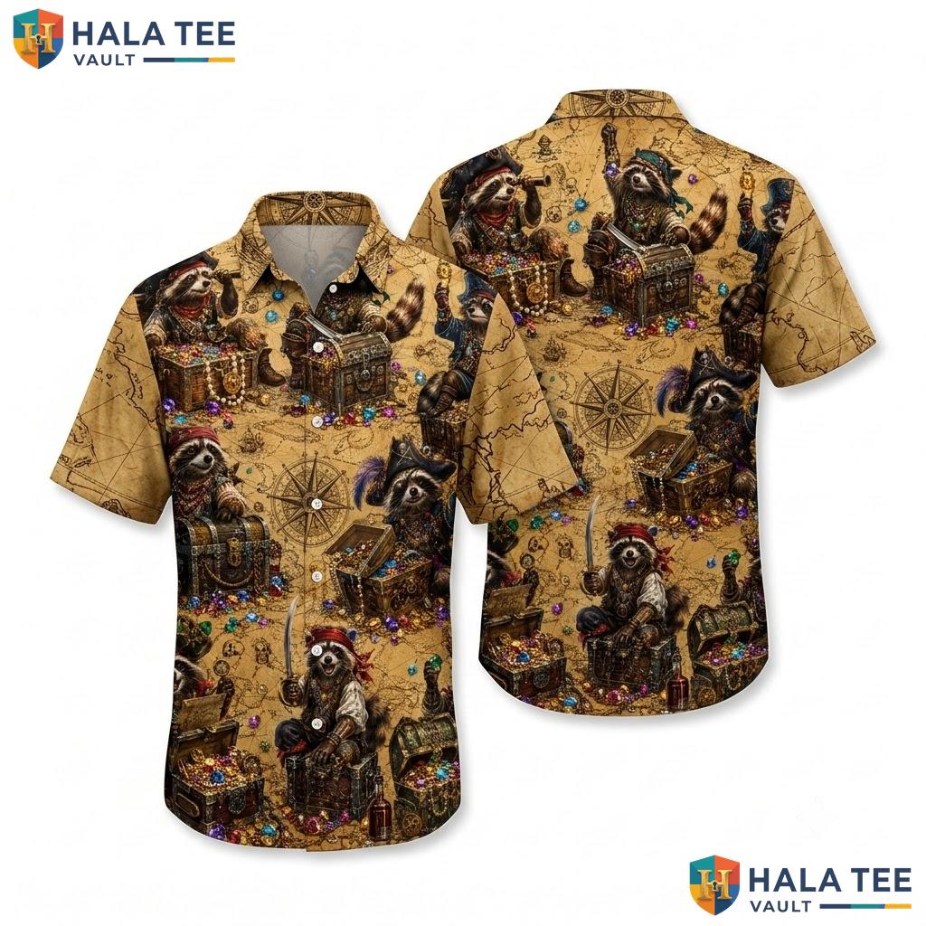 Funny Raccoon Pirate Hawaiian Shirt Whimsical Treasure Chest Summer Wear